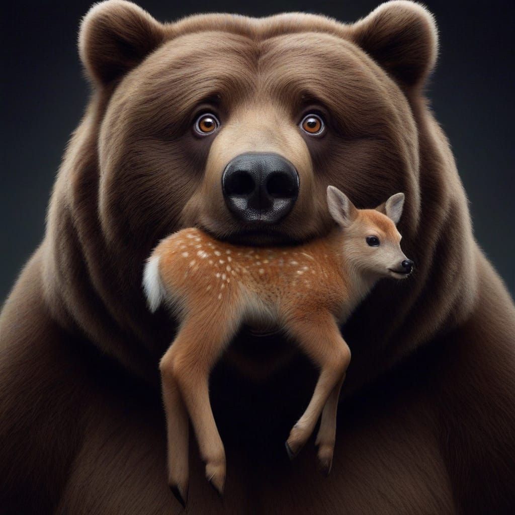Kodiak Bear Holds Fawn with Mocking Expression
