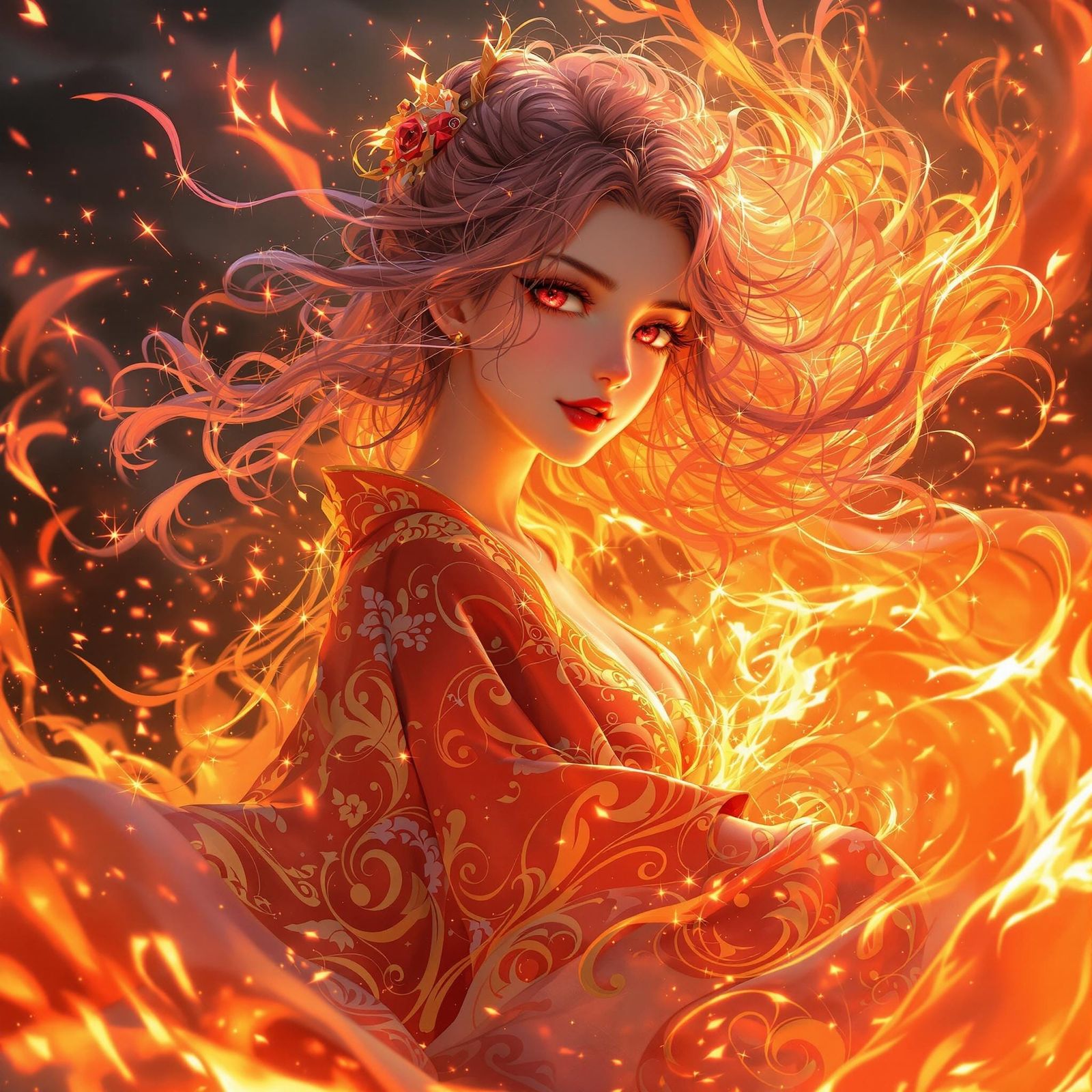 Ethereal Fire Sprite in Flowing Kimono