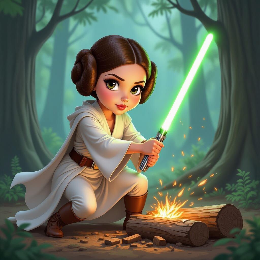 Princess Leia Caricature Chops Wood with Lightsaber in Endor...