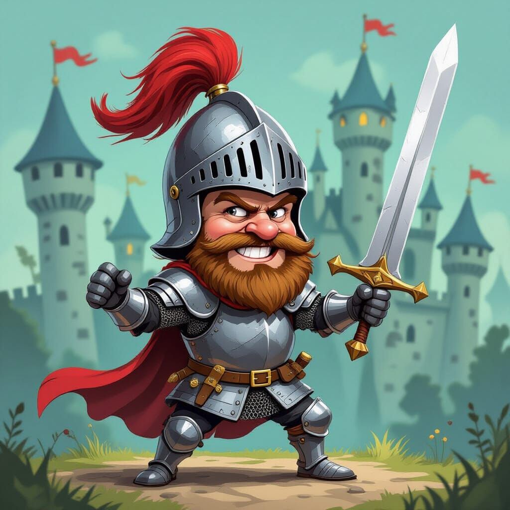 Comedic Knight with Tiny Helmet and Giant Sword