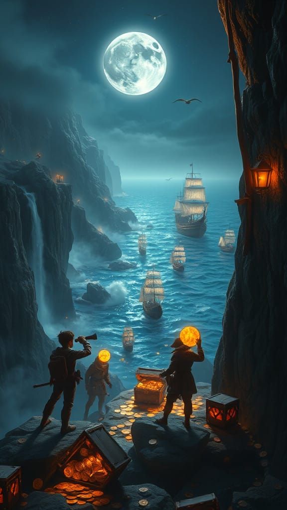 Mystical Cove Under Golden Moonlight