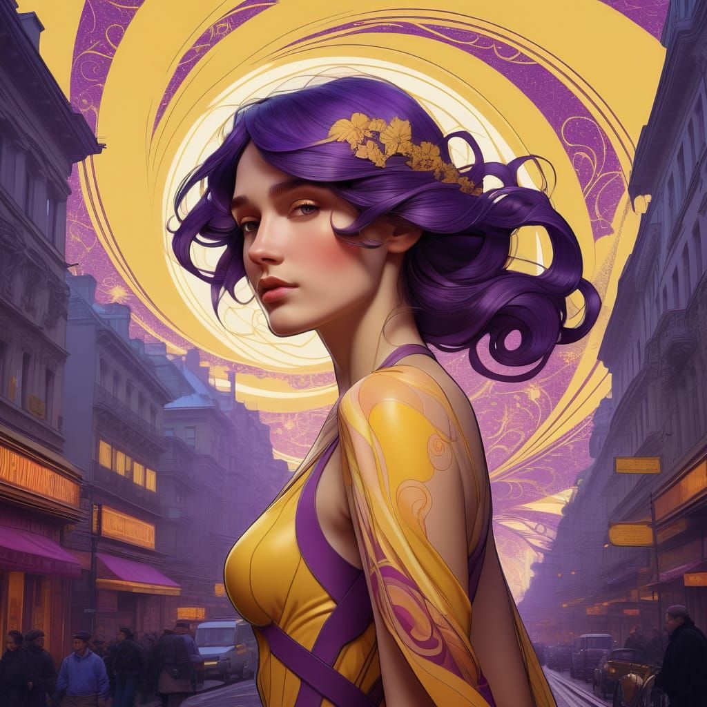 Woman Walking on Street in Cyberpunk Art Nouveau Style