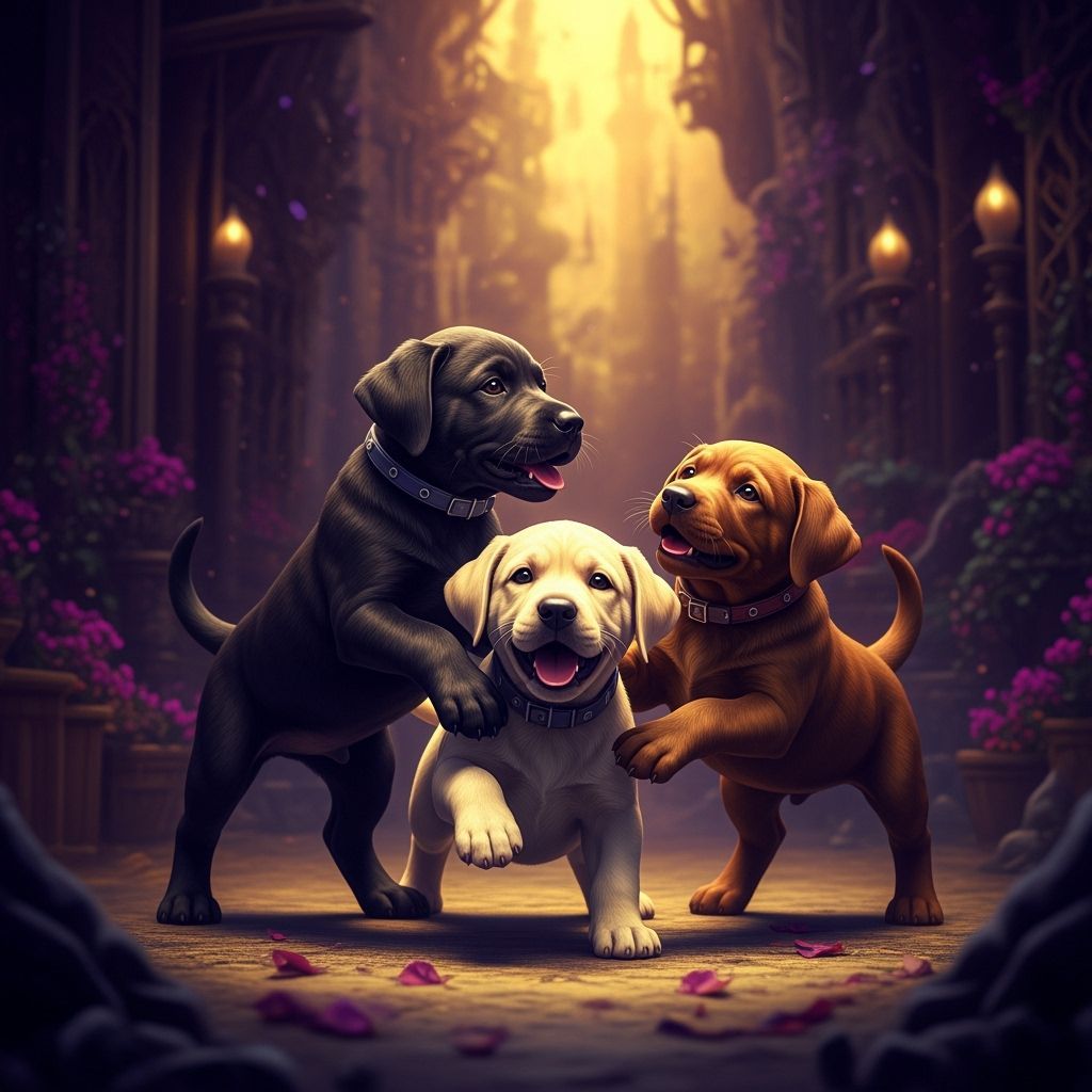 Labrador Puppies Play in Mystical Dark Fantasy Setting