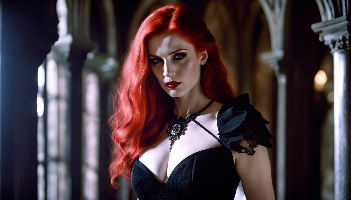 Gothic Vampire in Dark Castle Hallway