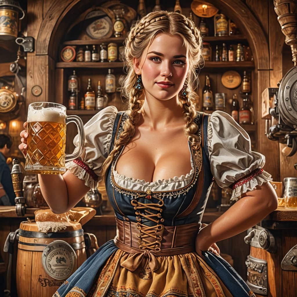 Voluptuous Beer Maid Serving Lager, Hyper-Realistic Photo