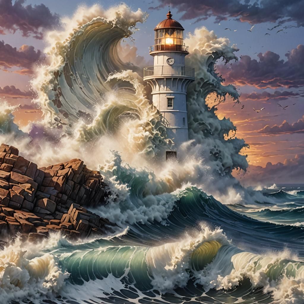 Lighthouse Confronts Tsunami in Hyperrealistic Splash Art