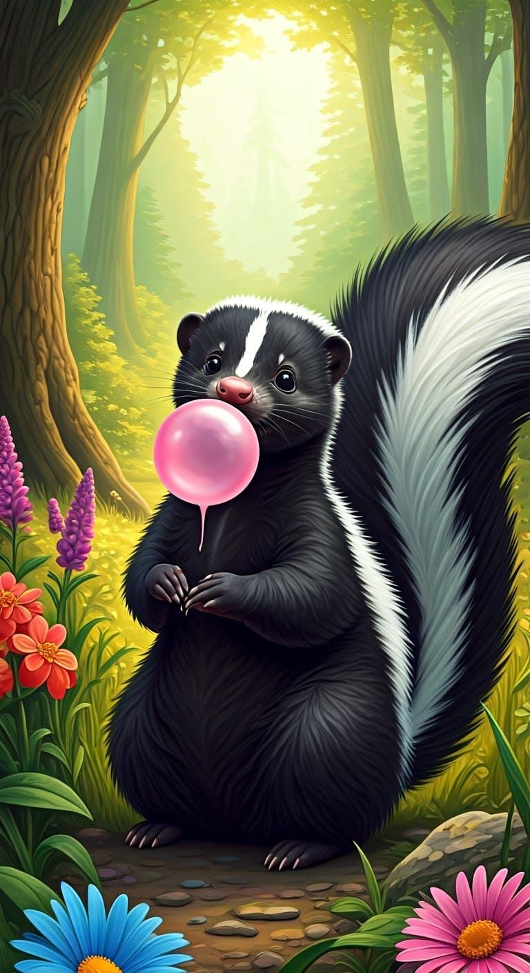 Whimsical Skunk Chews Pink Bubble Gum in Enchanted Forest
