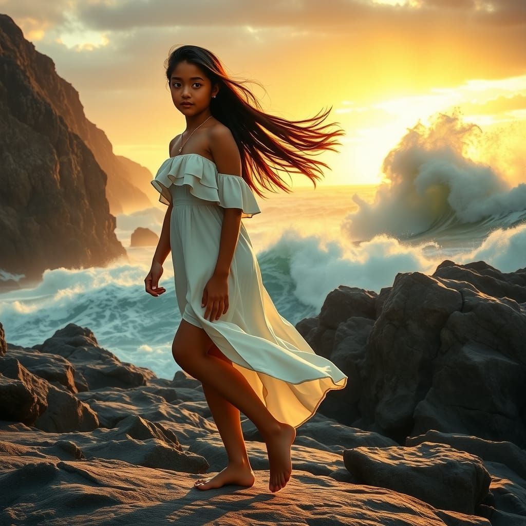 Maori Girl Walking on Rocky Shore at Sunset
