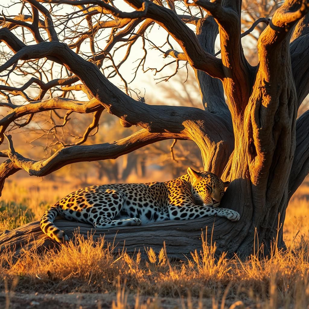 Golden Leopard Sleeping in Acacia Tree