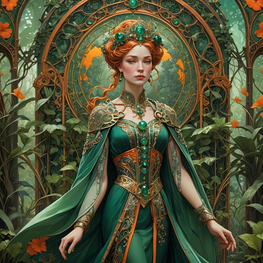 Empress in Emerald Forest: Art Nouveau Digital Art