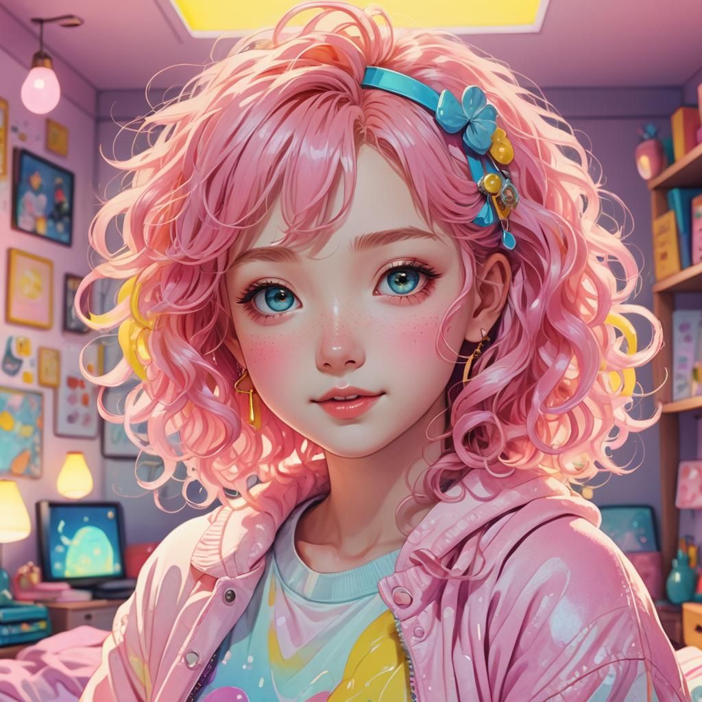 Kawaii Anime Girl in Pastel Neon Bedroom