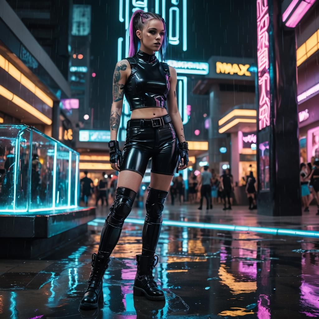 Cyberpunk Tattooed Woman in Latex Outfit Downtown