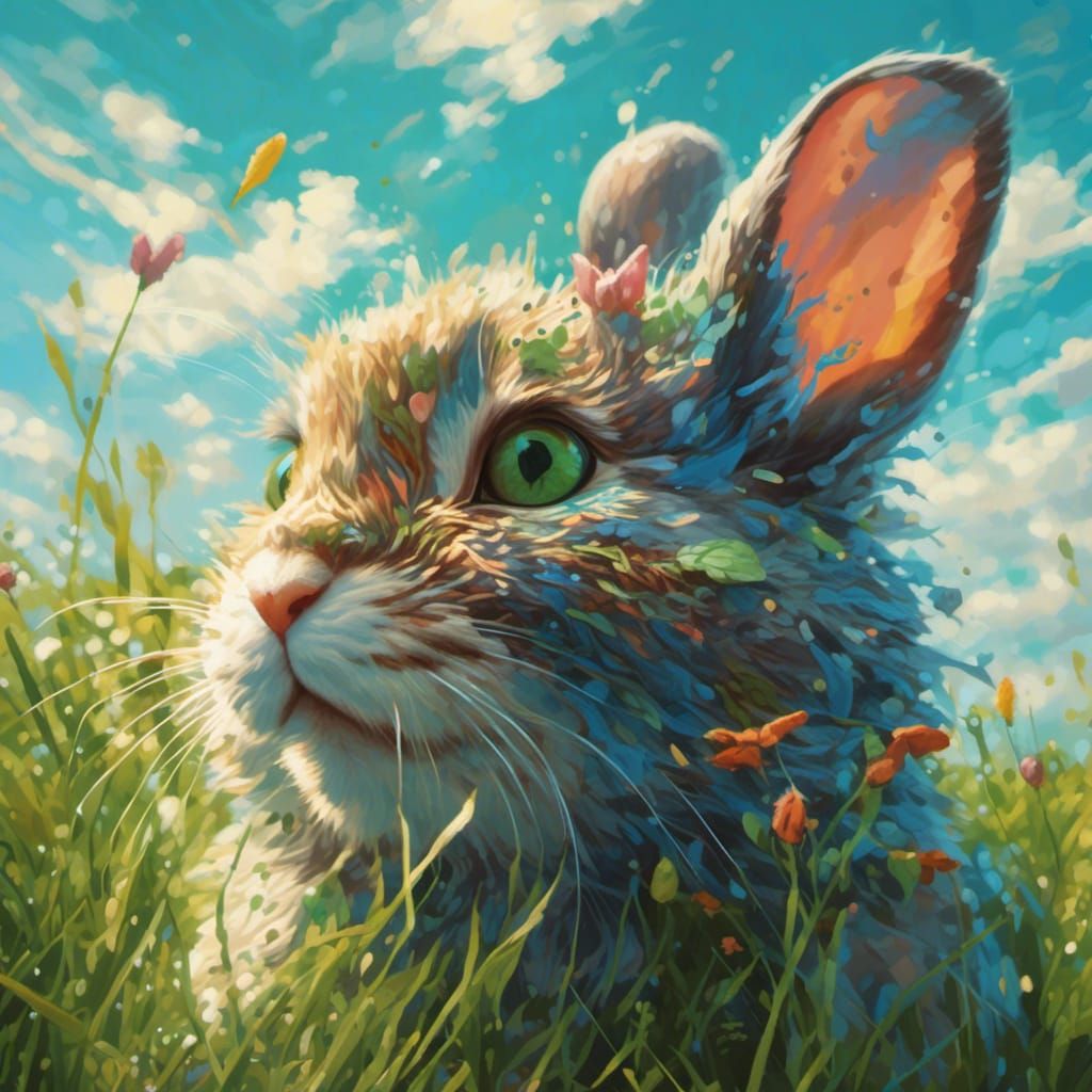 Hyperrealistic Rabbit Cat Hybrid in Colorful Landscape