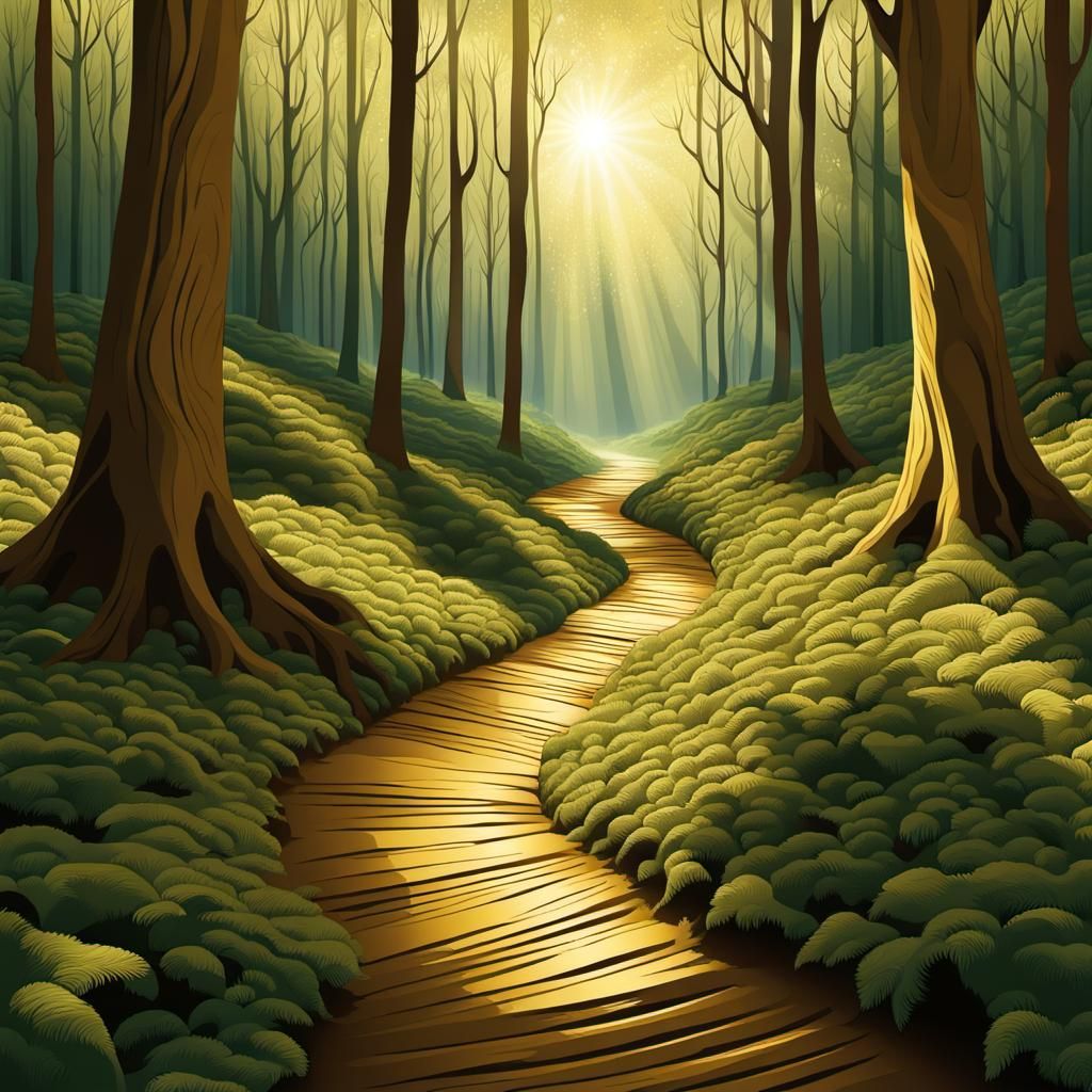 Sunlit Forest Path with Abstract Fractal Elements