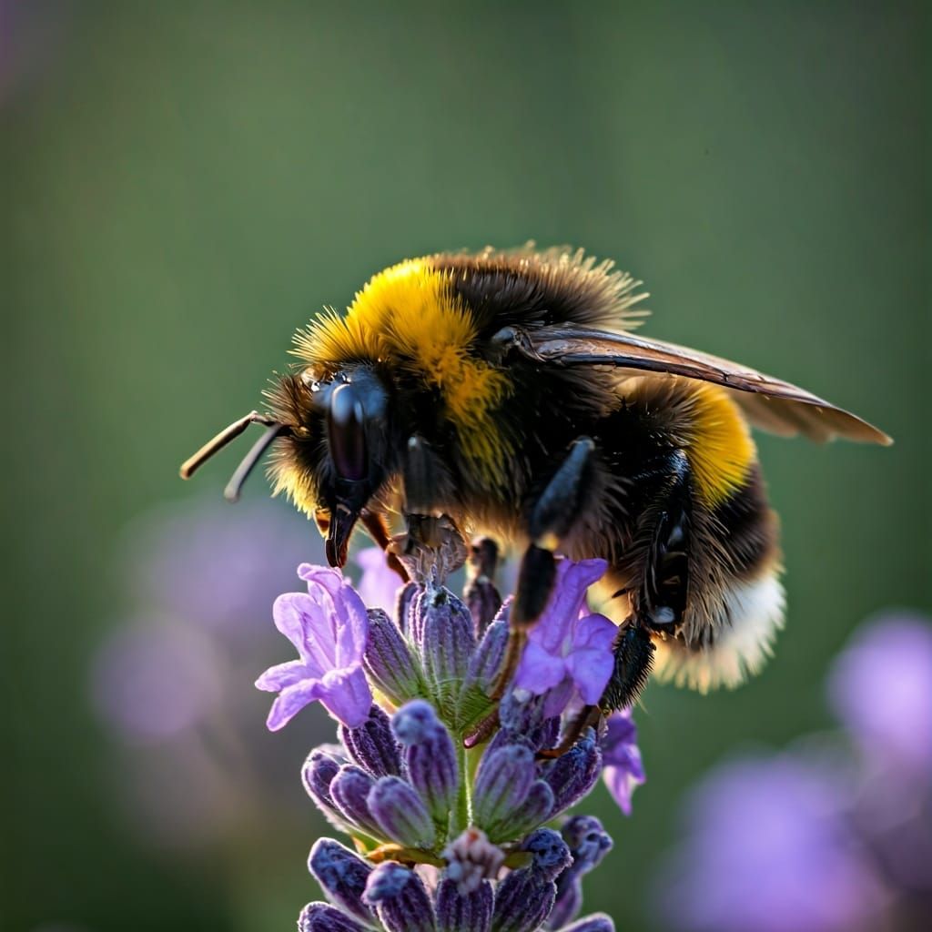 Bumblebee Resting on Lavender Flower at Dawn