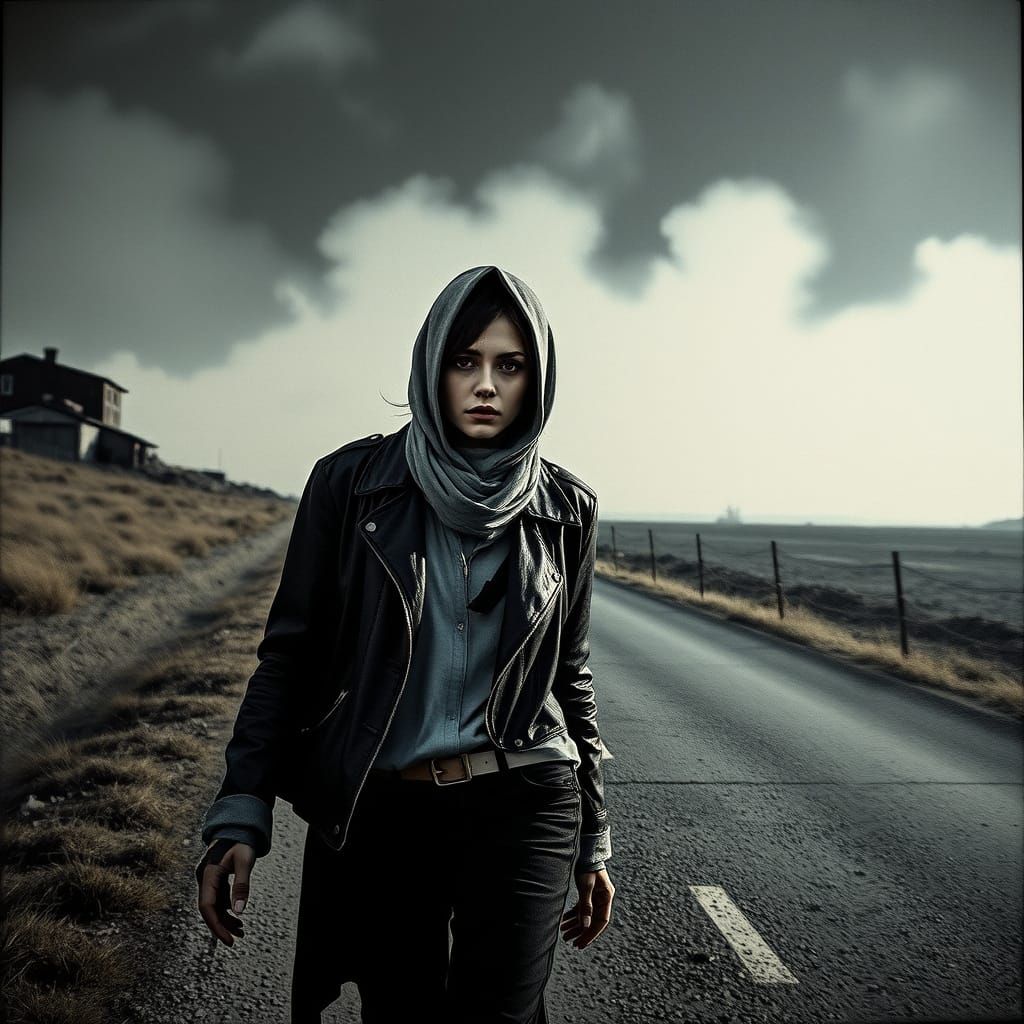 Solitary Figure on Desolate Road: Hyperrealistic Art