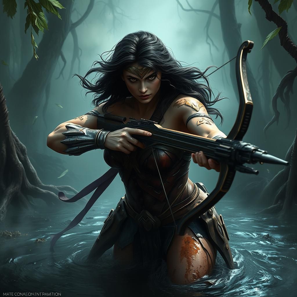 Wonder Woman character, morphing from swamp, dripping in mud with fierce look, eyes open, aiming crossbow. Misty backgro...