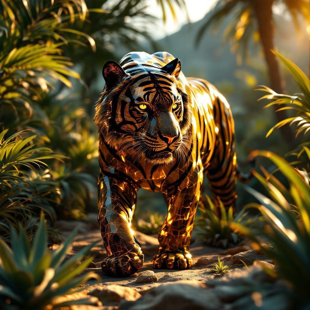 Hyper-Realistic Tiger-Eye Quartz Sculpture in Desert Oasis