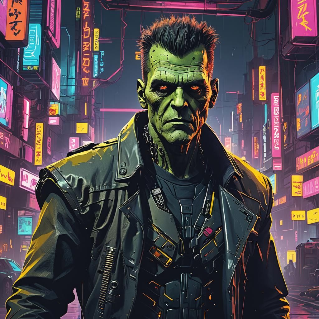 Cyberpunk Frankenstein's Monster in Neon Cityscape