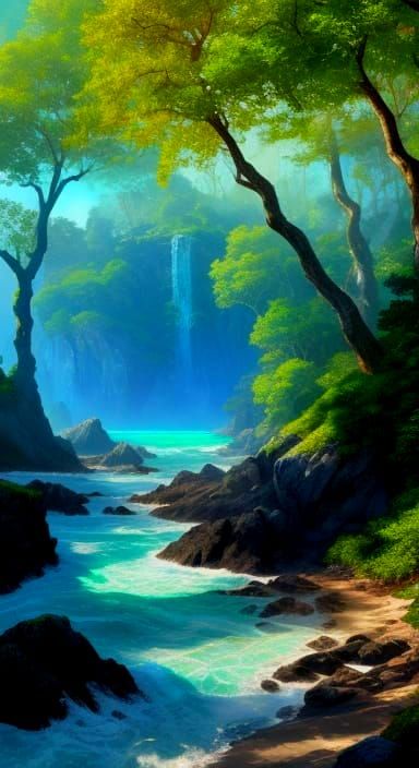 Tropical Beach in Whimsical Watercolor Style