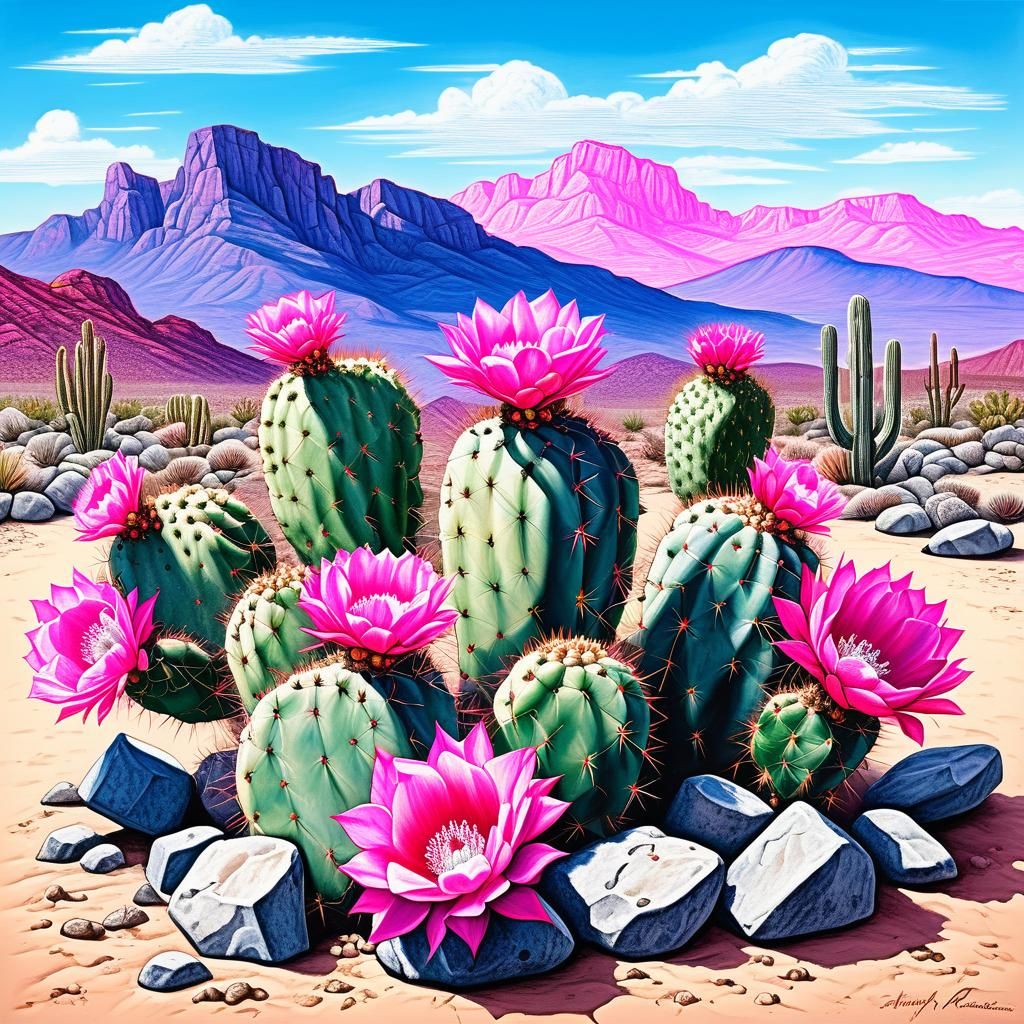 Cactus in Desert Landscape: Hyperdetailed Charcoal Drawing