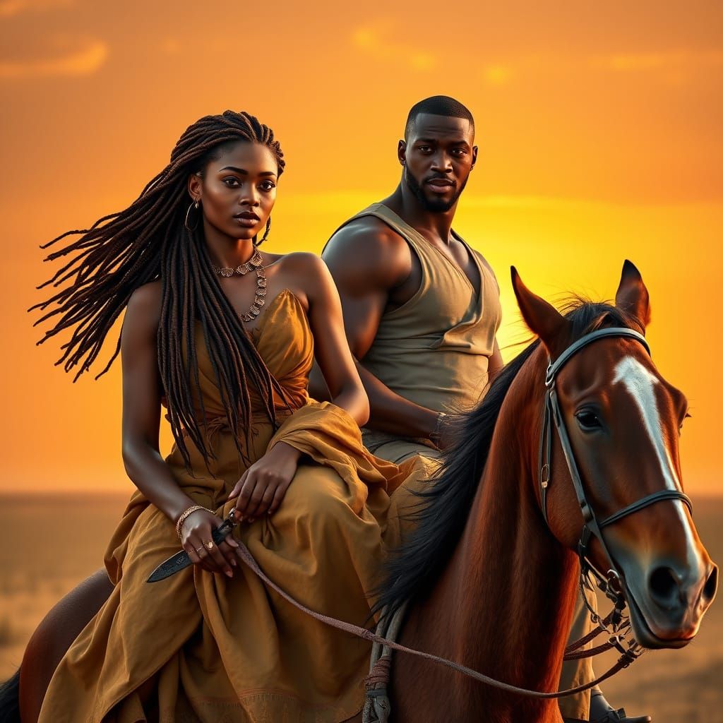 Regal Couple Rides Horse Through Vibrant Savanna Landscape