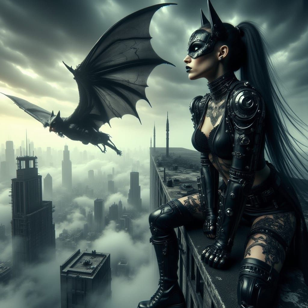 Gothic Batgirl Perched on Skyscraper in Cyberpunk Landscape
