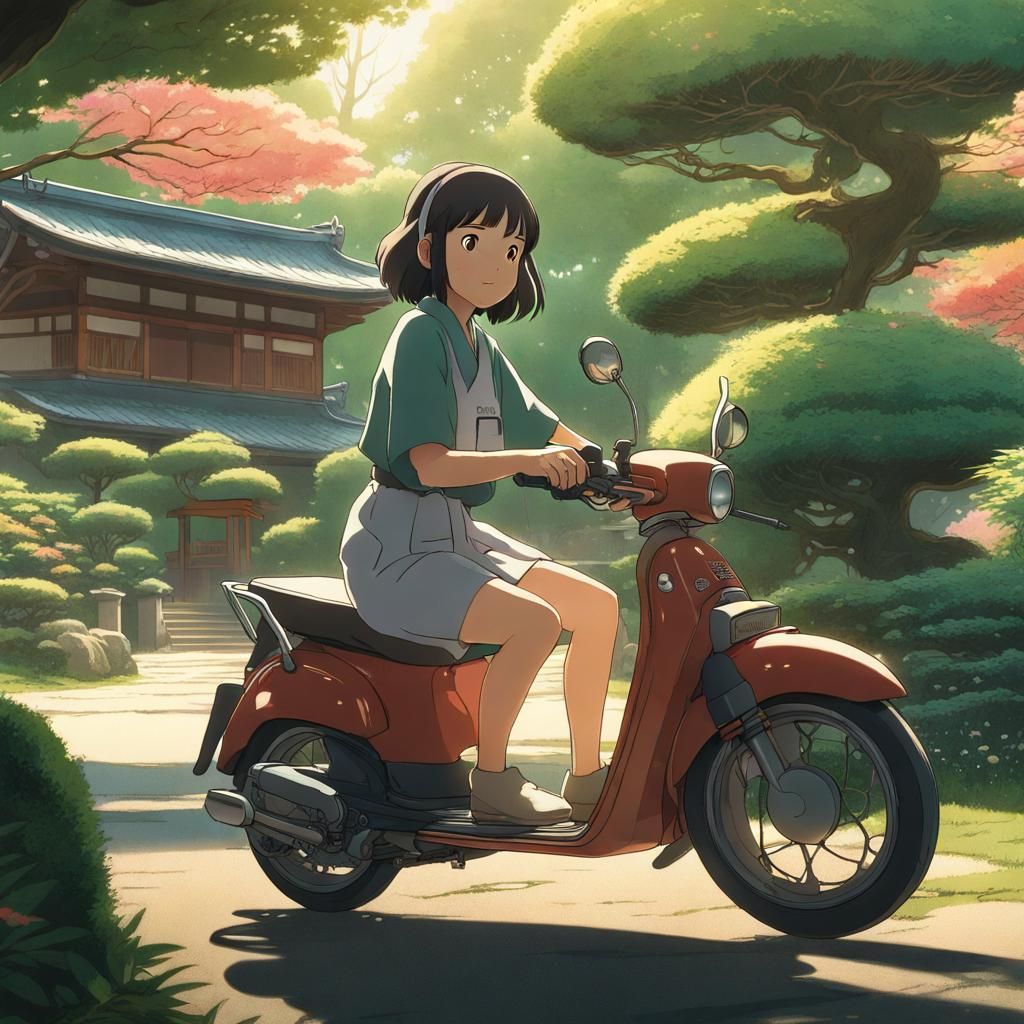 Anime Girl on Moped in Japanese Garden