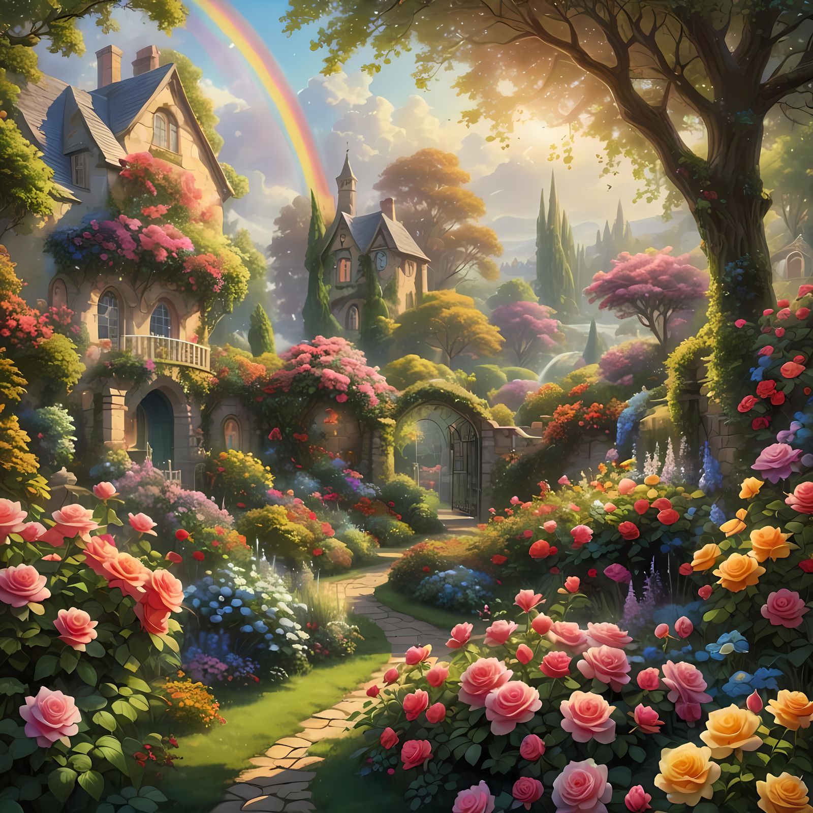 Sunlit Garden with Rainbow, in Ethereal Fantasy Style