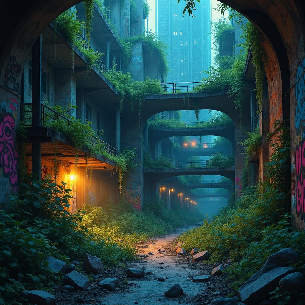 Post-Apocalyptic City Sanctuary in Neon Hues
