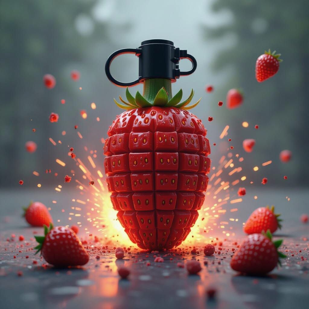 Exploding Strawberry Hand Grenade in Hyperrealistic Style