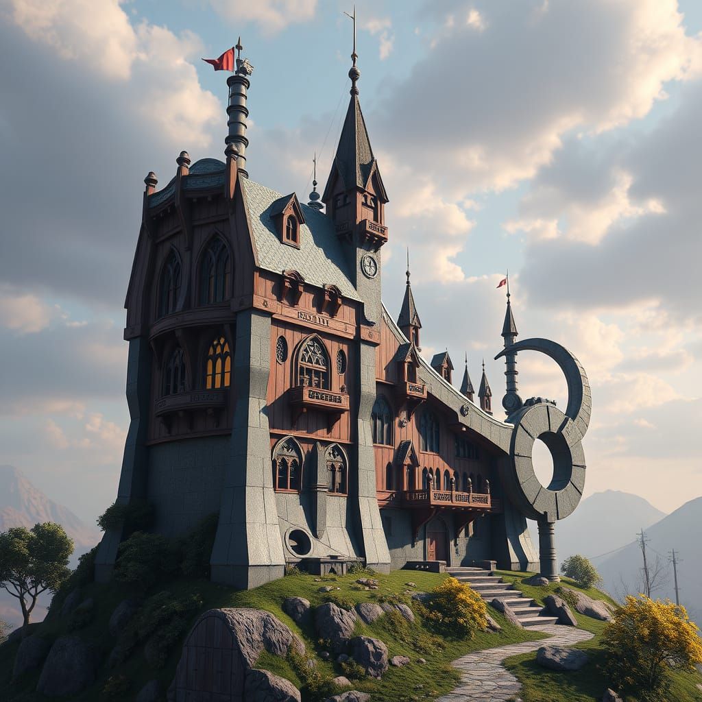 Surreal Wrench-Shaped Building in Fantastical Style