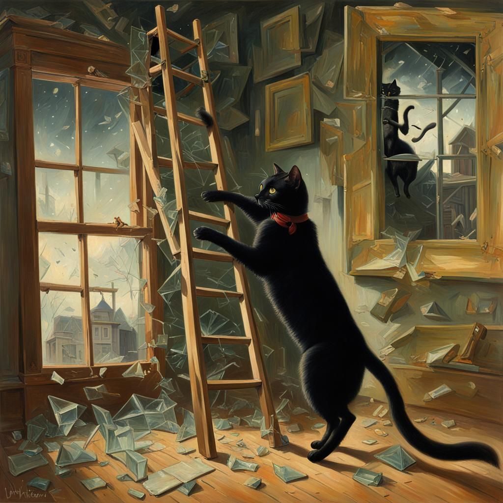 Victorian Black Cat and Broken Mirror