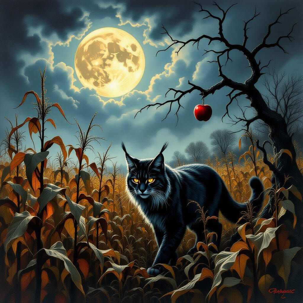 Gothic Autumn Lynx Under Harvest Moon