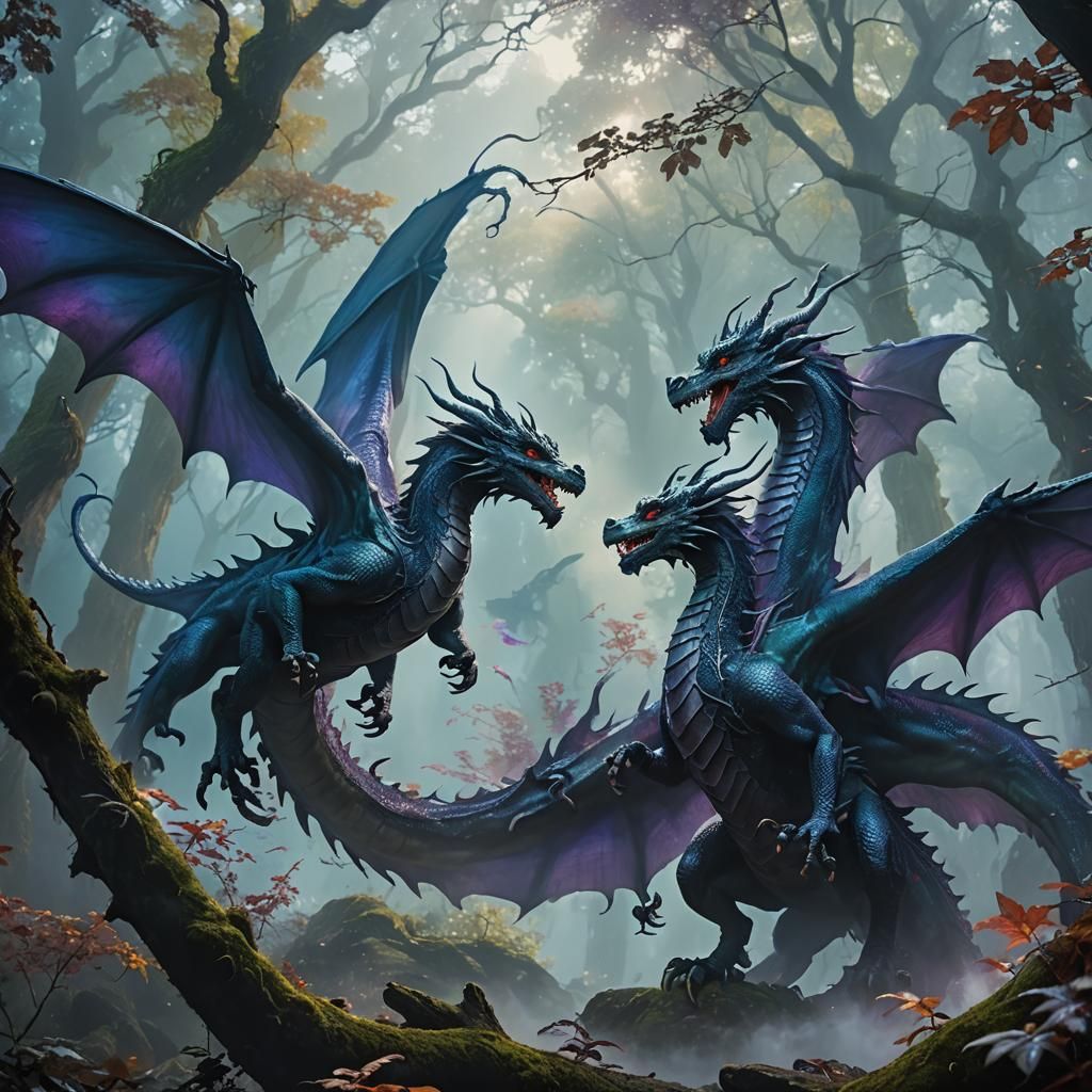 Dragons Circling in Misty Forest: Fantasy Concept Art