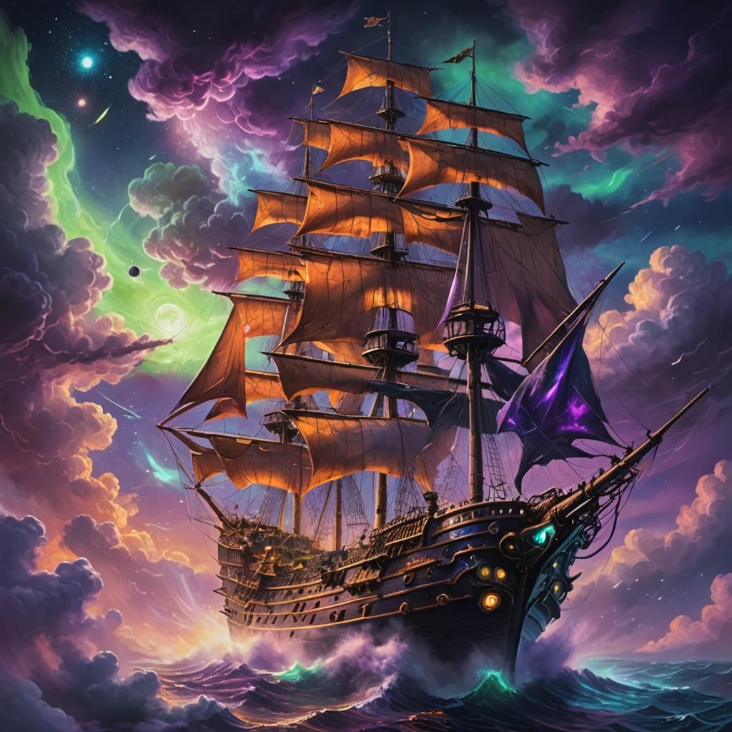 Futuristic Pirate Ship Navigating Space Clouds