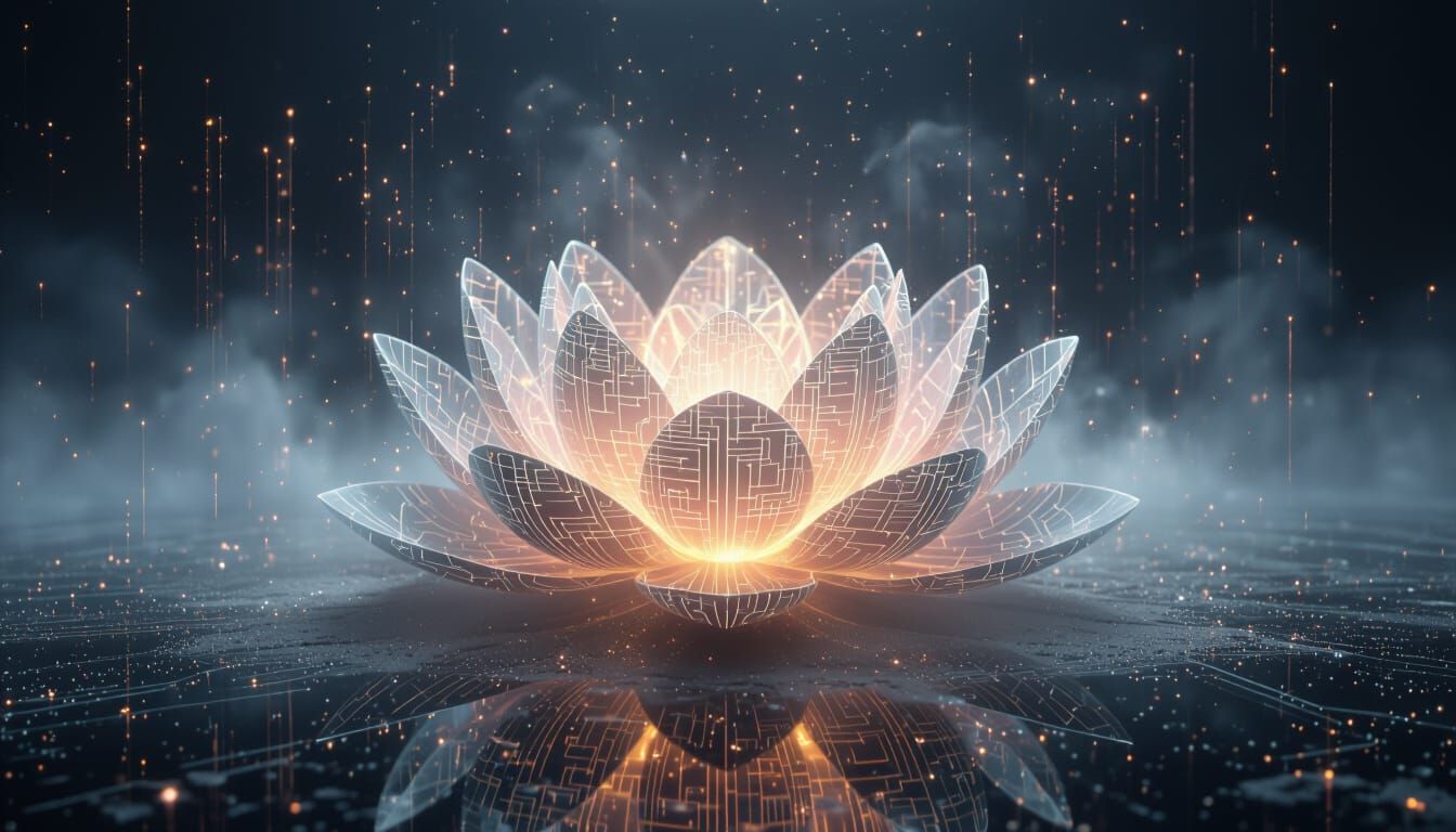 Luminous Mechanical Lotus Blooms in Void