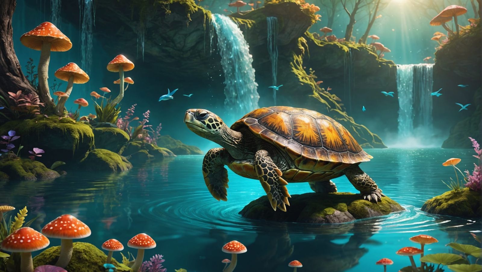 Fantasy Turtle Emerging from Lake with Glowing Mushrooms