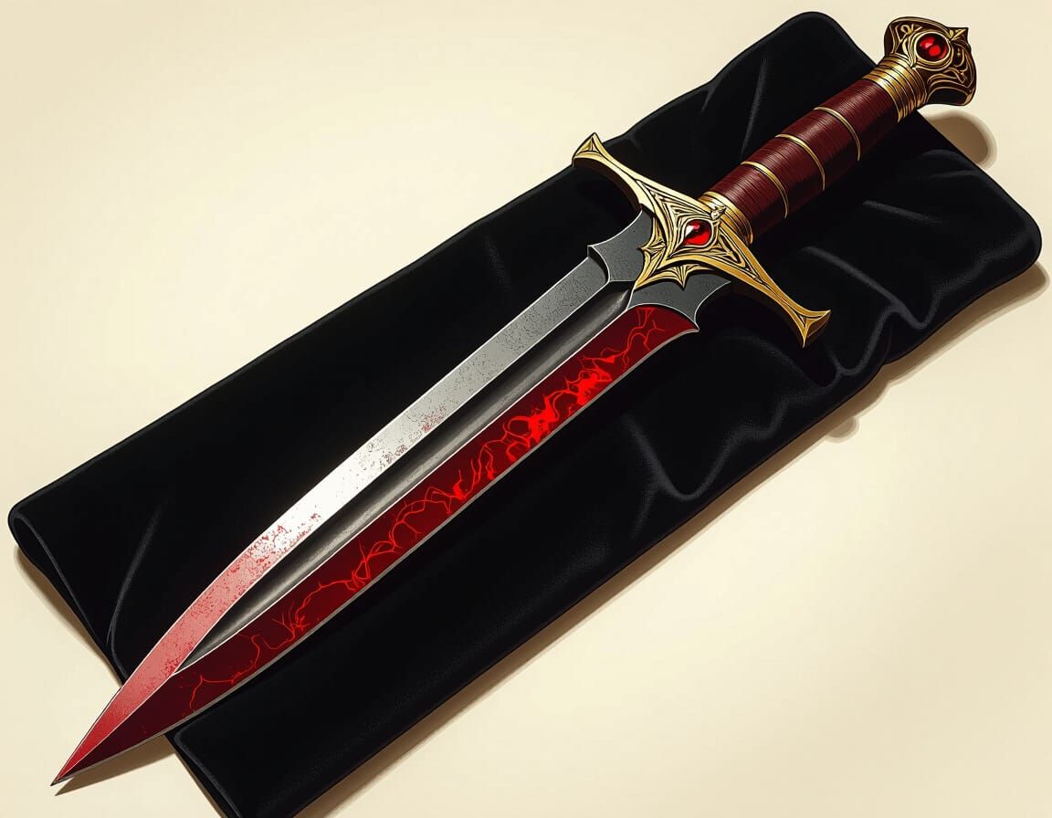 Dagger with Red Blade on Black Velvet