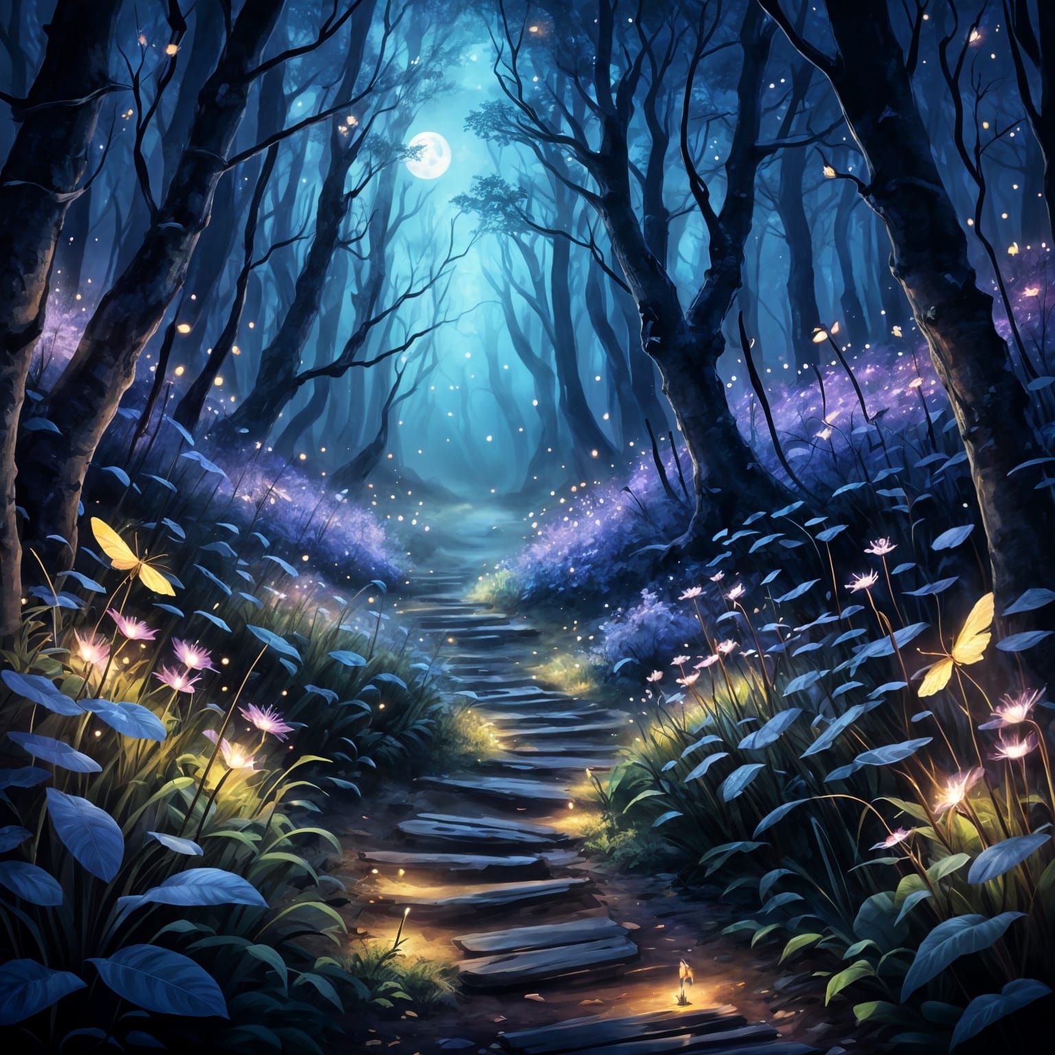 Enchanted Forest Path at Midnight with Fairies