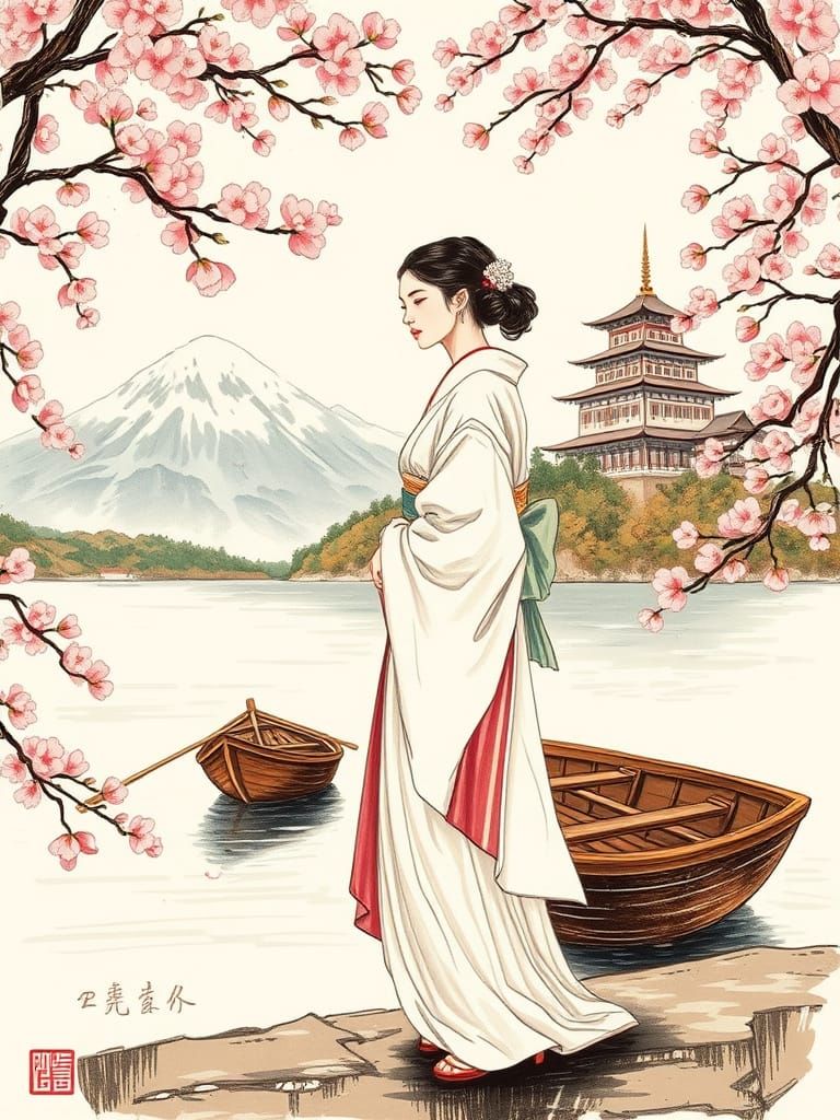 Woman in Cherry Blossom Landscape with Palace
