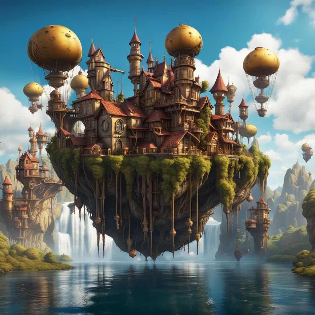 Steampunk Floating Islands with Waterfalls and Castles