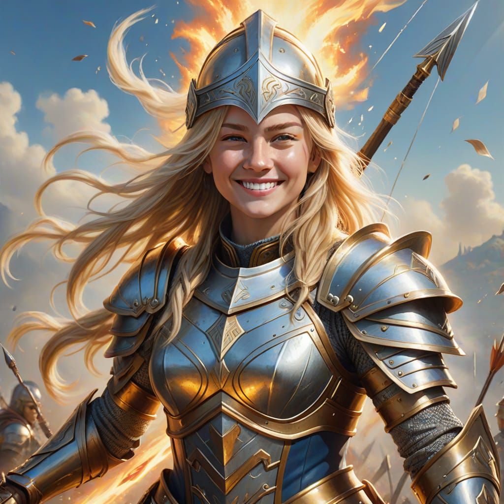 Woman in God Armor with Sword, Hyperrealistic Oil Painting