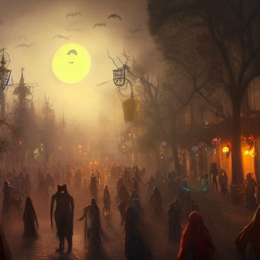 a lot people in costumes on a poorly lit street in the subur...