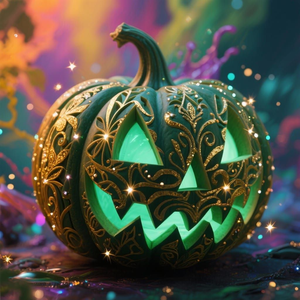 3D Carved Pumpkin Pattern in Dark Green, Gold, and Sparkles