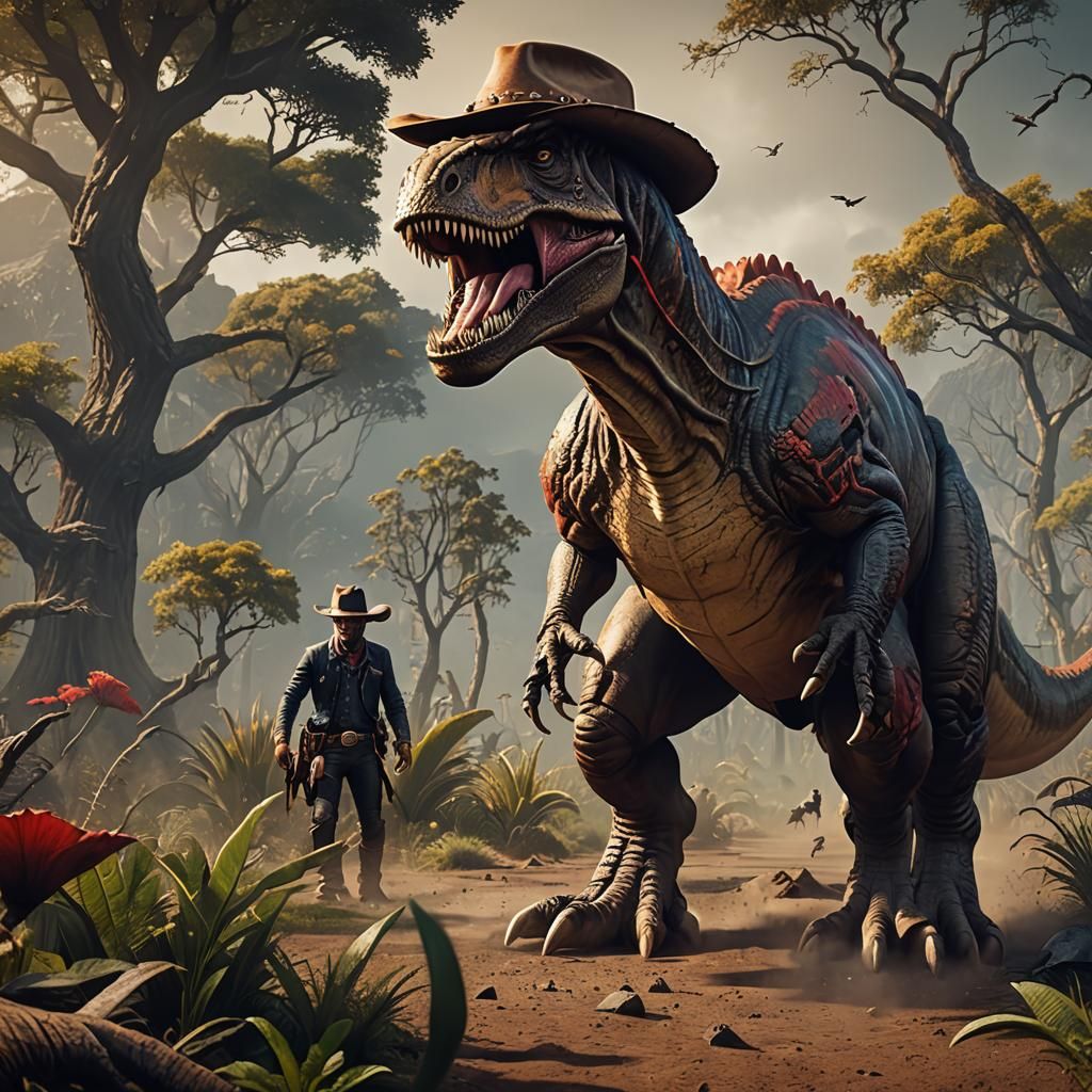 T-Rex Cowboy Runs Through Field: Matte Painting