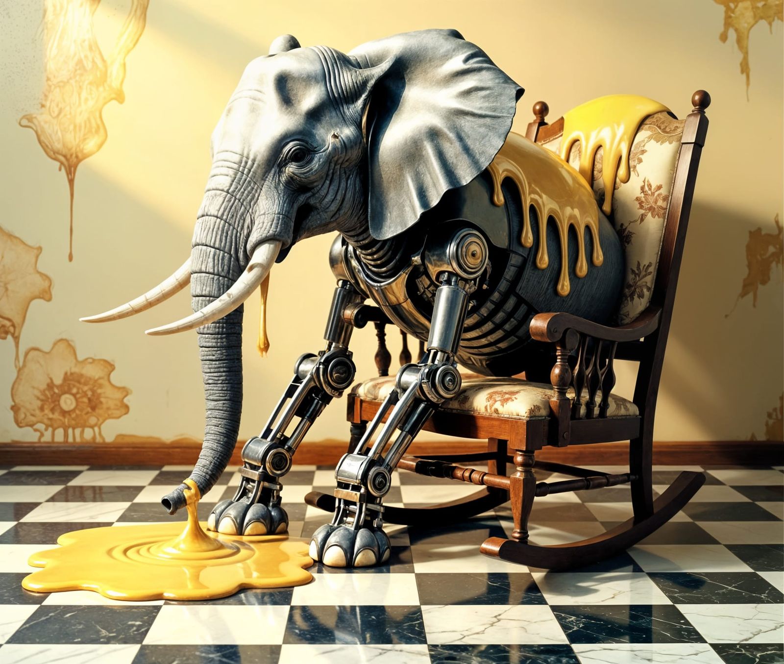 Biomechanical Elephant with Melting Chair in Surrealist Styl...