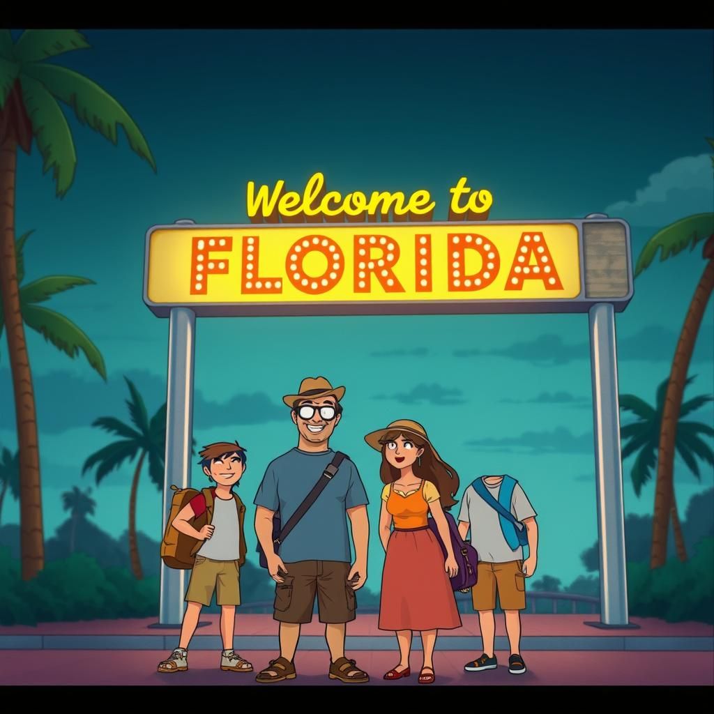 Cartoon Family at Florida Sign, Cinematic Film Still