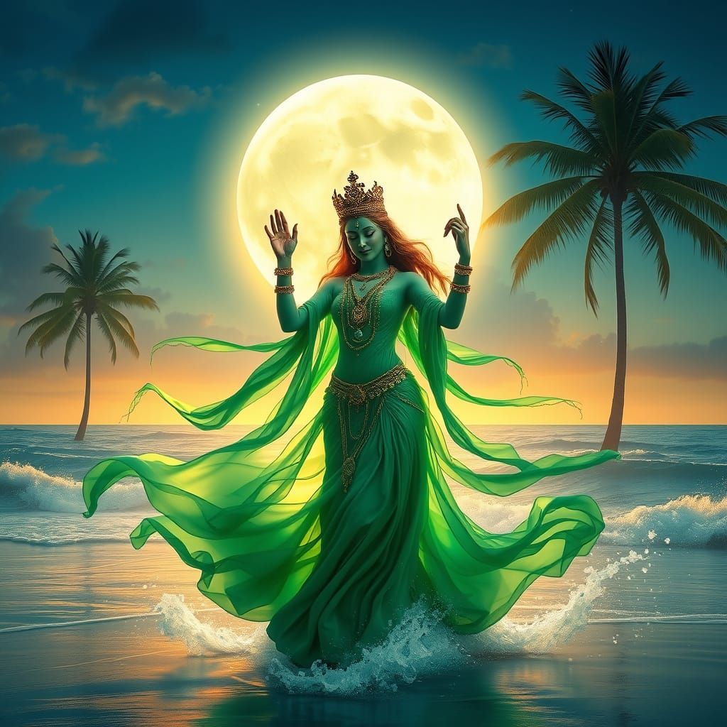 Ethereal Goddess Dances Under Moonlit Palm Trees