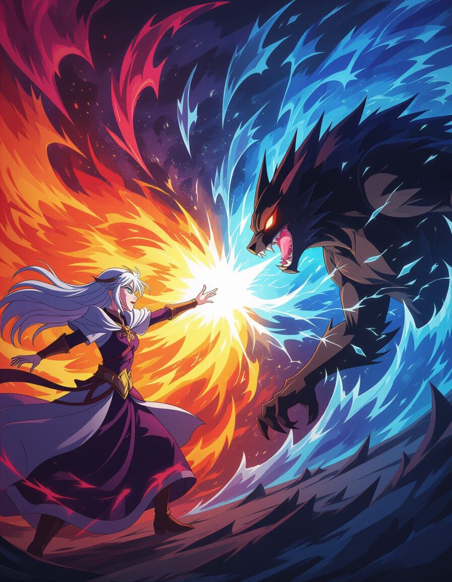 Sorceress vs Shadow Beast: Elemental Magic Battle in Anime S...